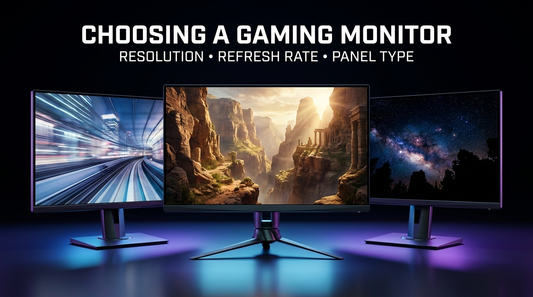 Three gaming monitors illustrating resolution, refresh rate and panel type choices for PC gaming