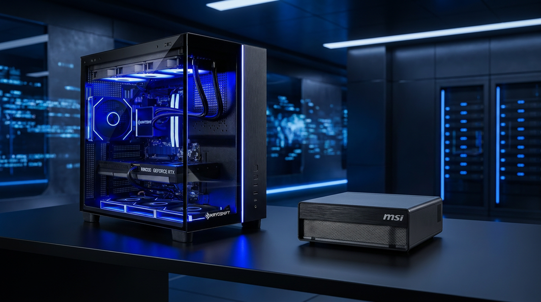 KryoShift gaming PC alongside an MSI EdgeXpert AI workstation in a modern computing environment