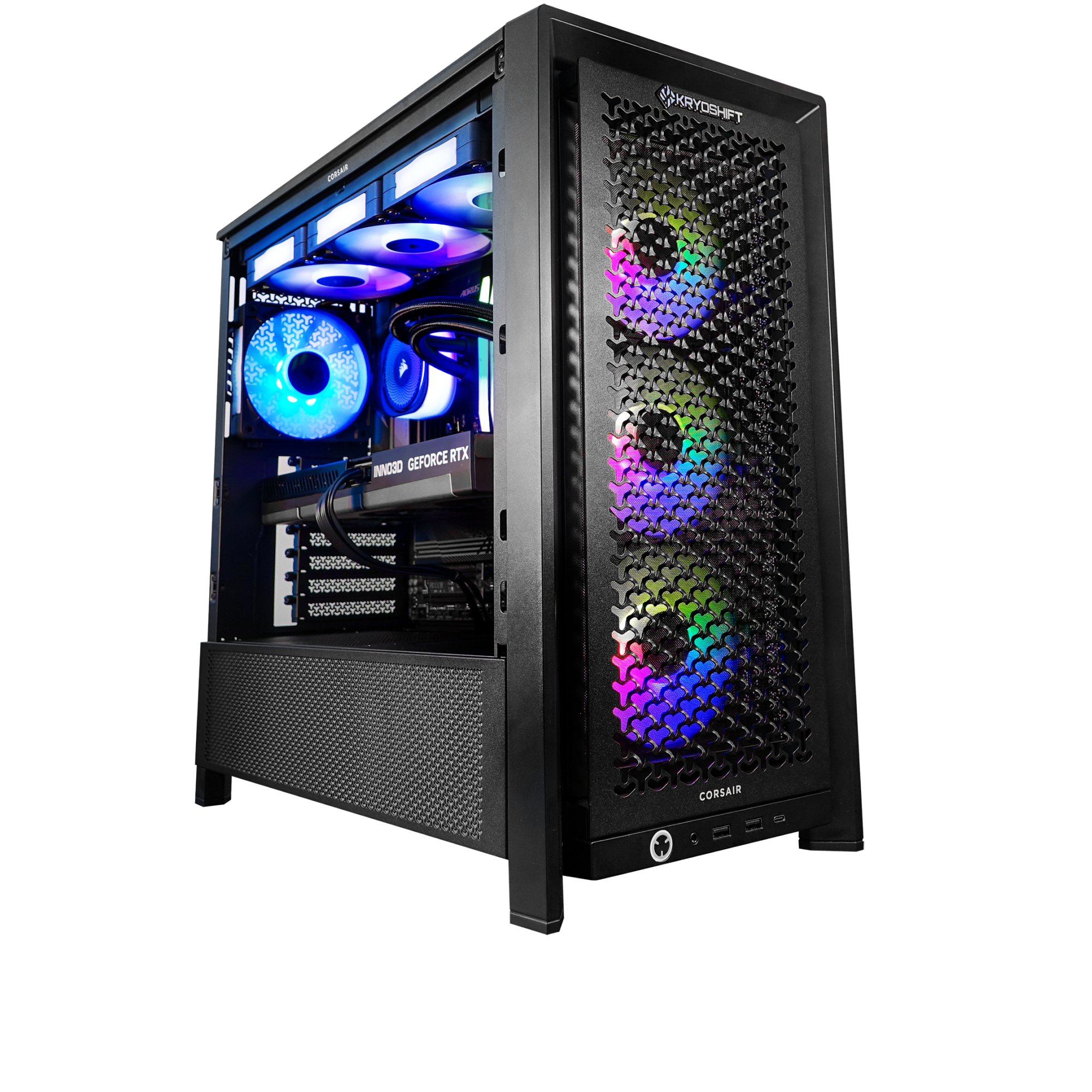 KryoShift AMD Ryzen 7 9800X3D gaming PC with NVIDIA RTX 5080 graphics in RGB tempered glass case