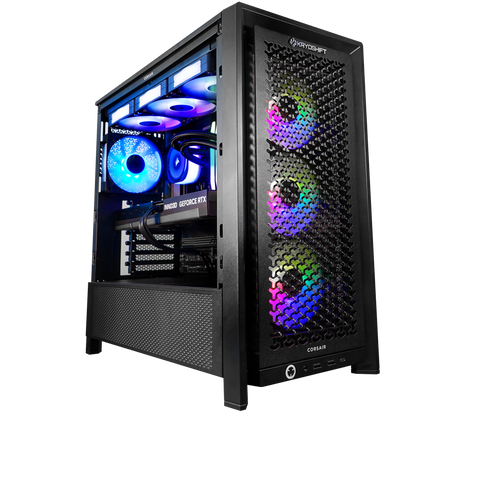 KryoShift AMD Ryzen 7 9800X3D gaming PC with NVIDIA RTX 5080 graphics in RGB tempered glass case