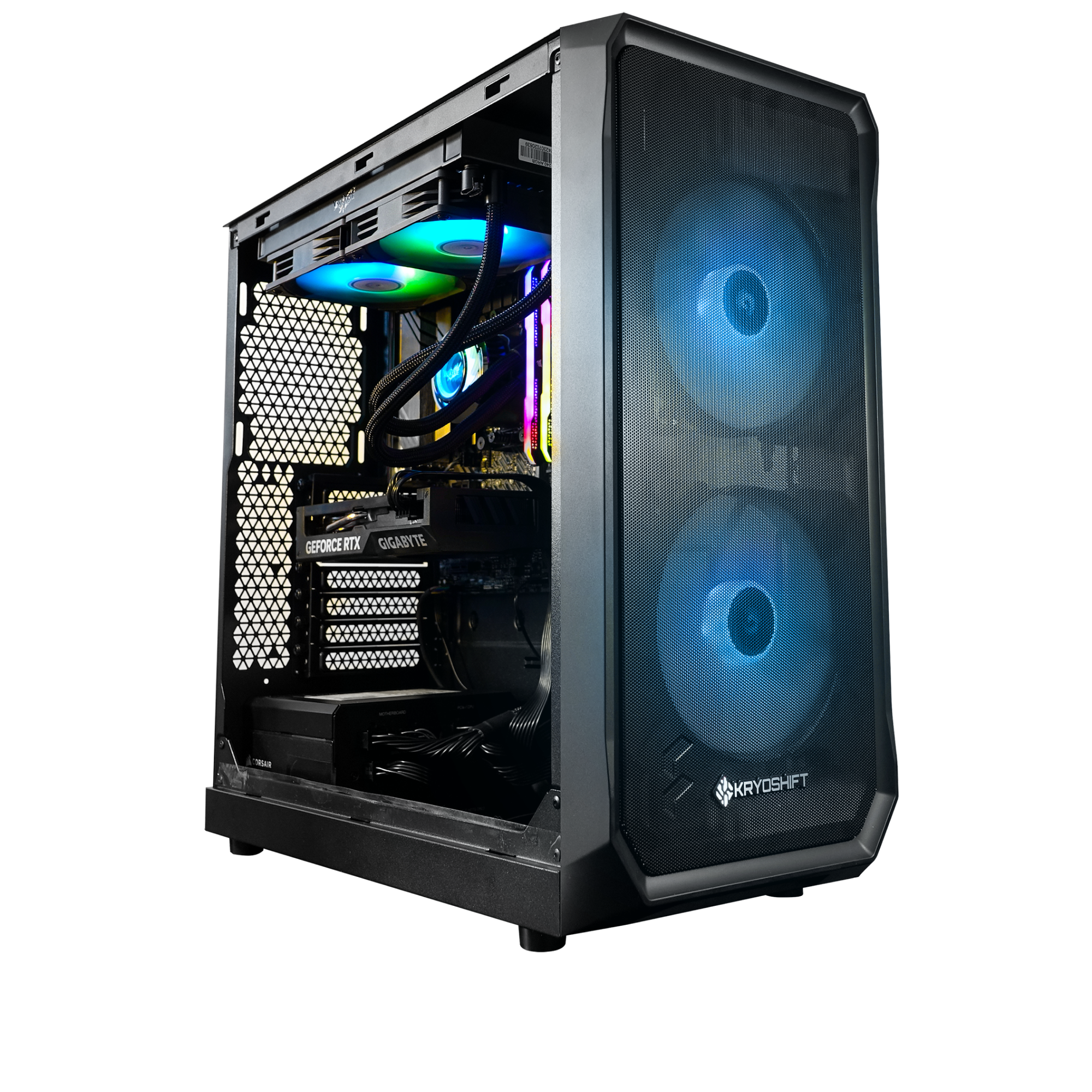 KryoShift AMD Ryzen 5 7500F gaming PC with NVIDIA RTX 5060 graphics in black airflow case