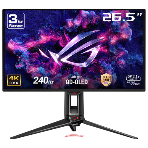 Kryoshift ASUS ROG Swift 26.5-inch 4K QD-OLED gaming monitor with 240Hz refresh rate and sleek black stand