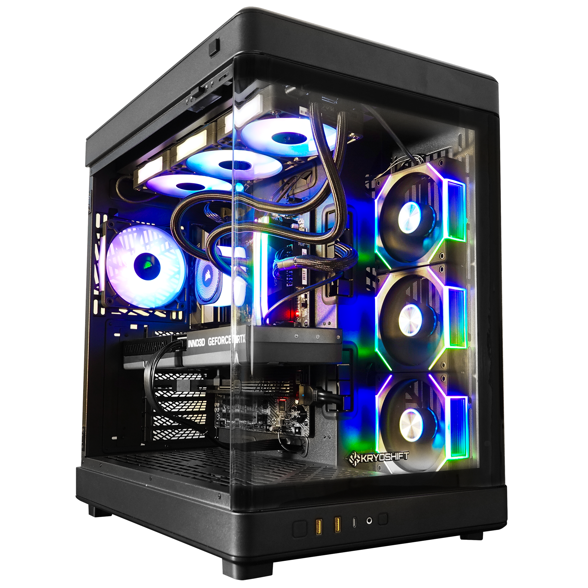 KryoShift Intel Core Ultra 9 285K gaming PC with NVIDIA RTX 5090 graphics in premium tempered glass case