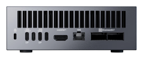 Rear view of the Kryoshift ASUS Ascent GX10 AI workstation showing USB-C, HDMI, 10G Ethernet, and ConnectX-7 ports.