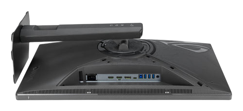Rear view of the black Kryoshift ASUS 27 inch 5K gaming monitor showing the stand mount and various input ports.