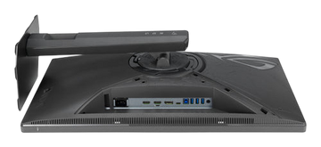 Rear view of the black Kryoshift ASUS 27 inch 5K gaming monitor showing the stand mount and various input ports.