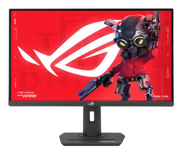Kryoshift ASUS ROG Strix XG27UCS 27-inch 4K gaming monitor with vibrant red screen display and adjustable stand