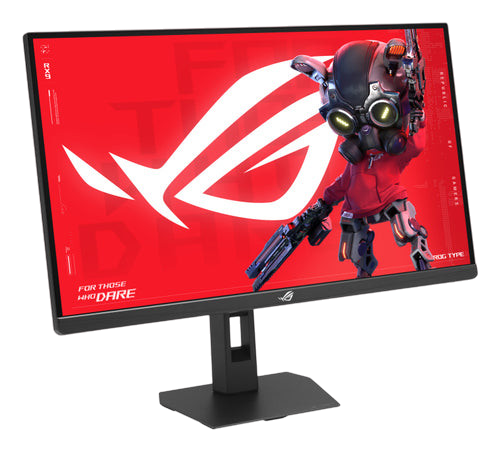 Kryoshift ASUS 27 inch 5K gaming monitor with 180Hz refresh rate and black ergonomic stand displaying red graphics
