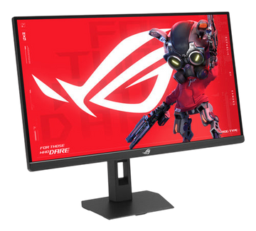 Kryoshift ASUS 27 inch 5K gaming monitor with 180Hz refresh rate and black ergonomic stand displaying red graphics