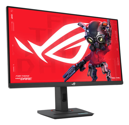 Kryoshift ASUS ROG Strix XG27UCS 27-inch 4K gaming monitor with a vibrant red screen display and adjustable stand.