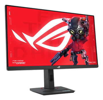 Kryoshift ASUS ROG Strix XG27UCS 27-inch 4K gaming monitor with a vibrant red screen display and adjustable stand.