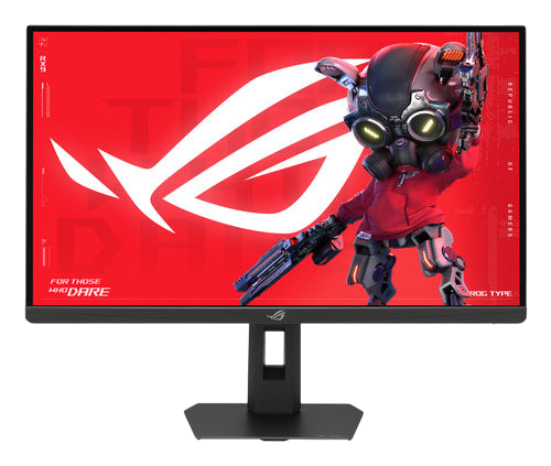Kryoshift ASUS 27 inch 5K 180Hz gaming monitor with a vibrant red ROG themed screen display on a black ergonomic stand