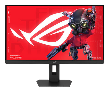 Kryoshift ASUS 27 inch 5K 180Hz gaming monitor with a vibrant red ROG themed screen display on a black ergonomic stand