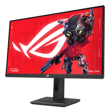 Kryoshift ASUS ROG Strix XG27UCS 27-inch 4K gaming monitor with vibrant red screen display and adjustable stand