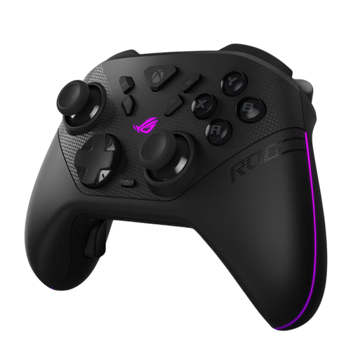 Kryoshift ASUS ROG Raikiri II black wireless gaming controller with ergonomic design and purple LED accents