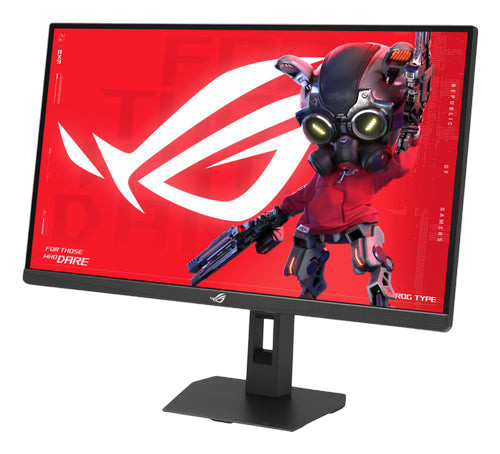 Kryoshift ASUS 27 inch 5K 180Hz gaming monitor with black ergonomic stand displaying a vibrant red ROG graphic