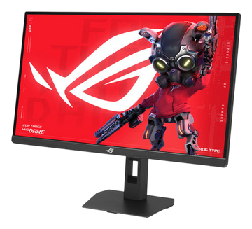 Kryoshift ASUS 27 inch 5K 180Hz gaming monitor with black ergonomic stand displaying a vibrant red ROG graphic