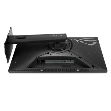 Rear view of the black Kryoshift ASUS ROG STRIX XG27UCGR 4K gaming monitor showing the stand and connectivity ports.