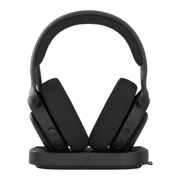 Kryoshift Fractal Design Scape Dark wireless gaming headset in black with fabric ear cups on a charging dock stand