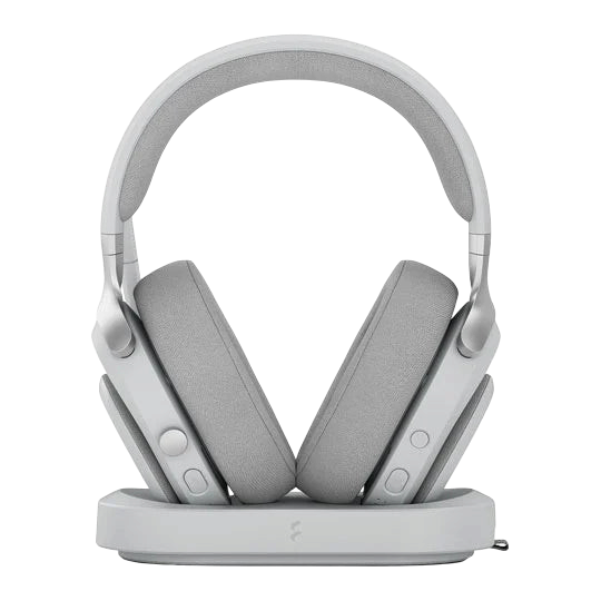 Kryoshift Fractal Design Scape Light wireless gaming headset in light grey with charging stand and fabric ear cups