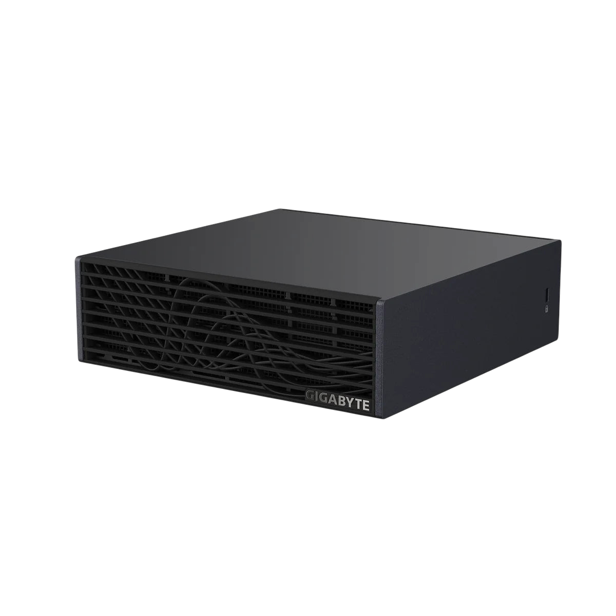 Kryoshift GIGABYTE AI TOP ATOM workstation featuring a sleek black compact chassis with a unique wave-pattern front grill
