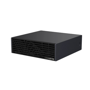 Kryoshift GIGABYTE AI TOP ATOM workstation featuring a sleek black compact chassis with a unique wave-pattern front grill