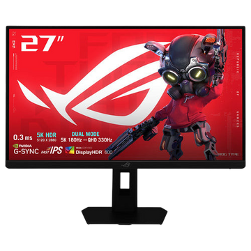Kryoshift ASUS 27 inch 5K 180Hz IPS gaming monitor with black frame and vibrant red gaming graphic on screen