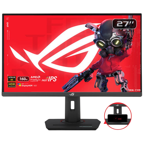 Kryoshift ASUS ROG Strix XG27UCS 27-inch 4K 160Hz gaming monitor with integrated phone stand on the base