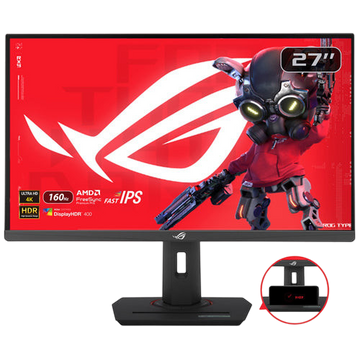 Kryoshift ASUS ROG Strix XG27UCS 27-inch 4K 160Hz gaming monitor with integrated phone stand on the base