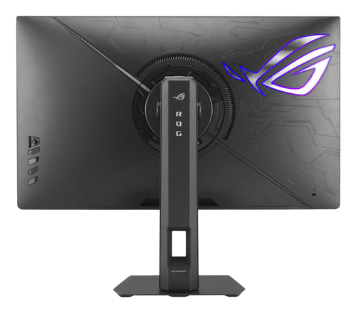 Kryoshift ASUS 27 inch 5K gaming monitor rear view featuring black ergonomic stand and illuminated ROG logo