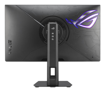 Kryoshift ASUS 27 inch 5K gaming monitor rear view featuring black ergonomic stand and illuminated ROG logo
