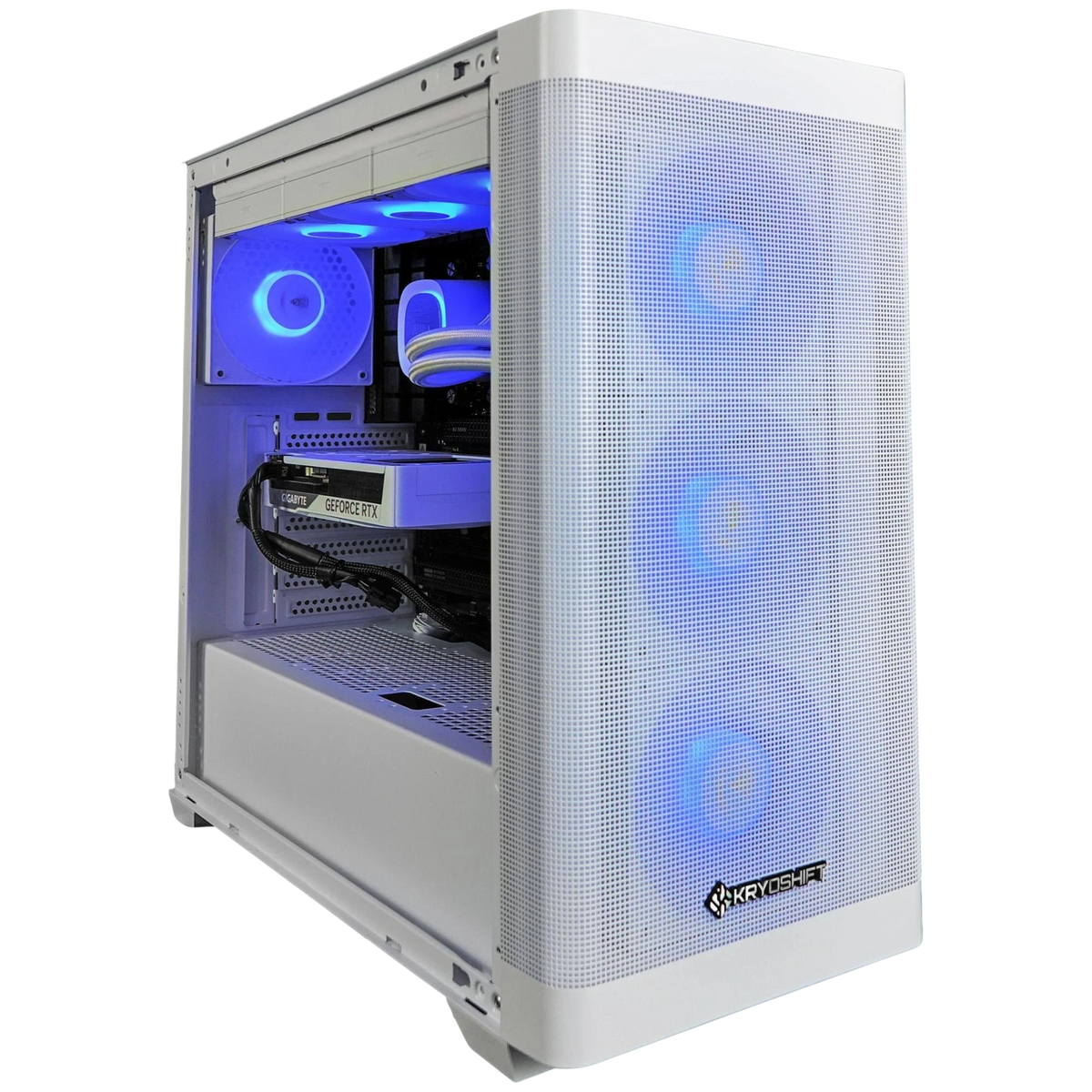 Kryoshift Flux 5060 gaming PC in a white Gamdias ATHENA M3 case with blue RGB lighting and tempered glass side panel