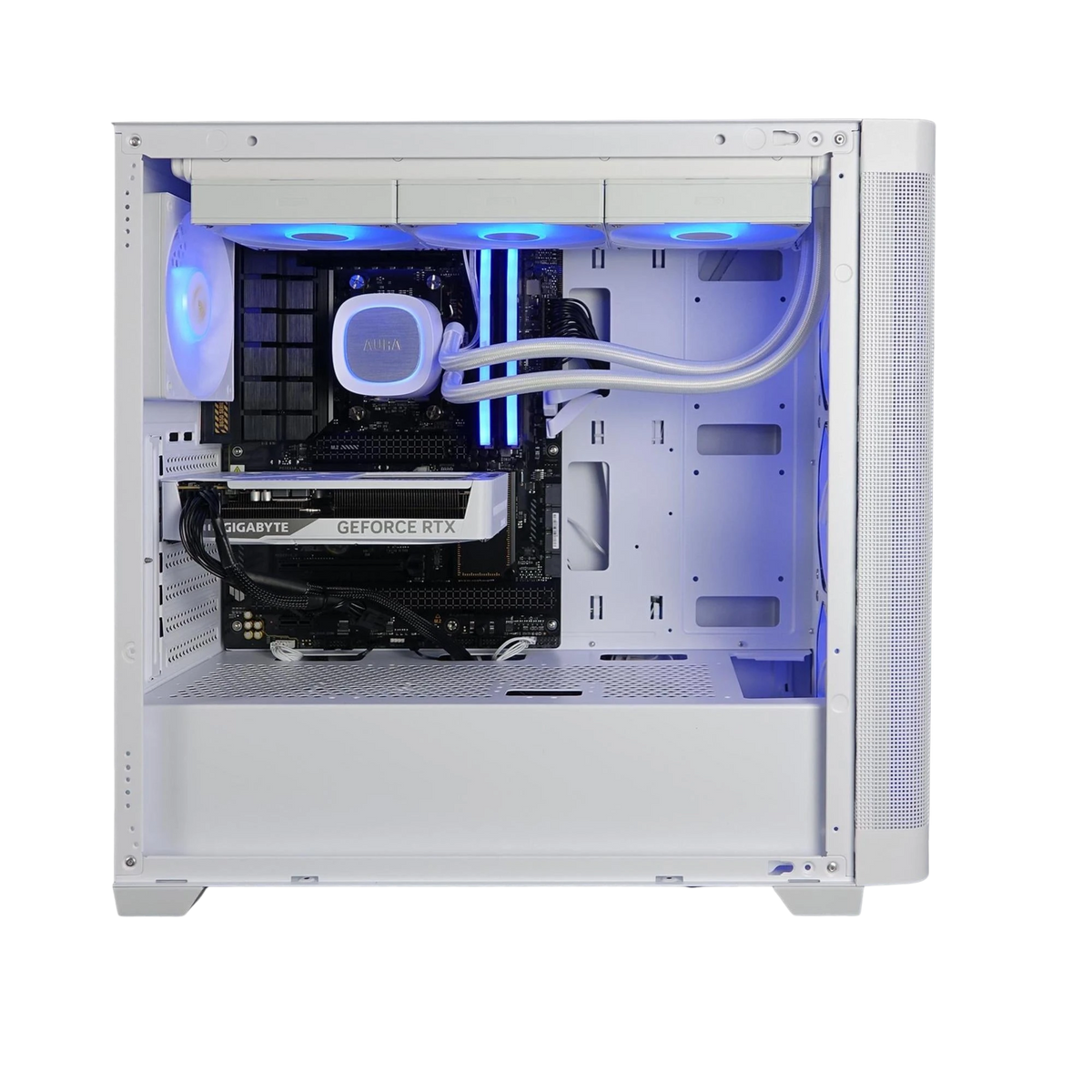 Kryoshift Flux 5060 gaming PC in a white Gamdias ATHENA M3 case with RGB lighting and liquid cooling system