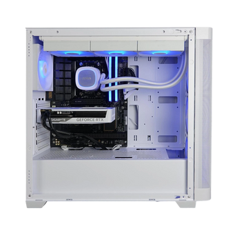 Kryoshift Flux 5060 gaming PC in a white Gamdias ATHENA M3 case with RGB lighting and liquid cooling system