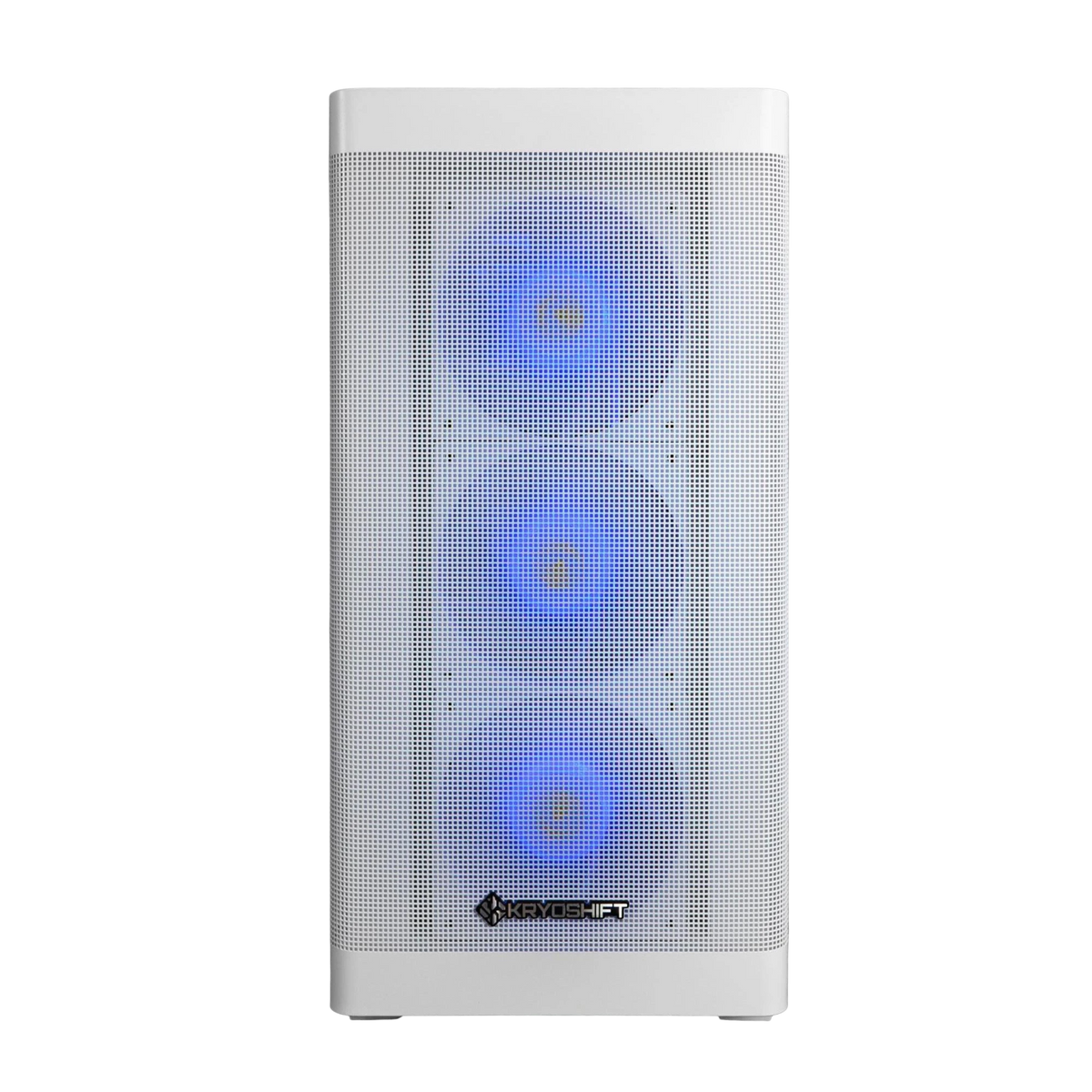 Kryoshift Flux 5060 white gaming PC tower featuring a mesh front panel with three glowing blue RGB cooling fans.