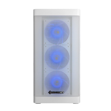 Kryoshift Flux 5060 white gaming PC tower featuring a mesh front panel with three glowing blue RGB cooling fans.