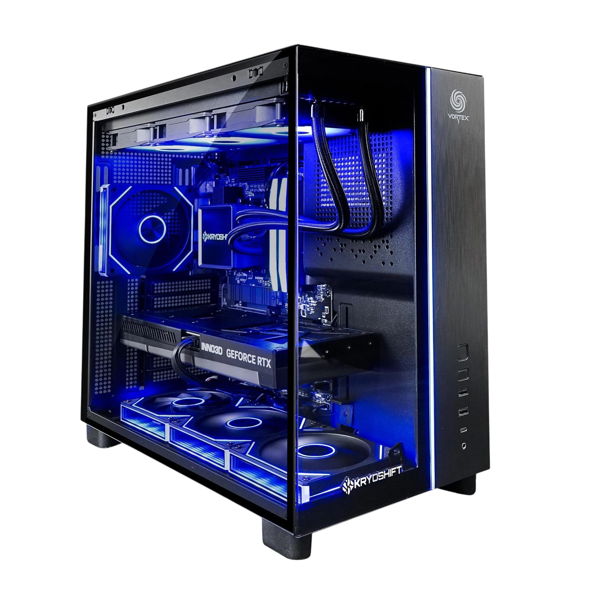 Kryoshift Pulse 5060 Ti gaming PC in a black tempered-glass case with blue LED lighting and liquid cooling system.