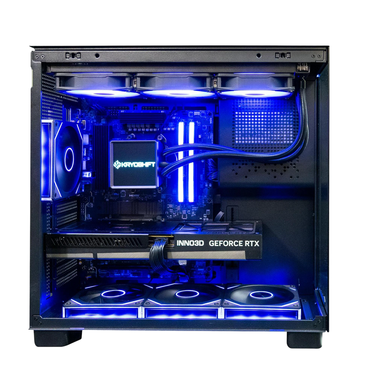 Kryoshift Pulse 5070 gaming PC with black chassis, blue LED lighting, liquid cooling, and RTX 5070 graphics card.
