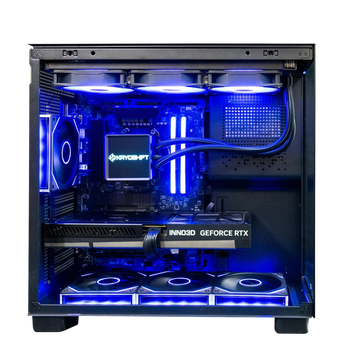 Kryoshift Pulse 5070 gaming PC with black chassis, blue LED lighting, liquid cooling, and RTX 5070 graphics card.