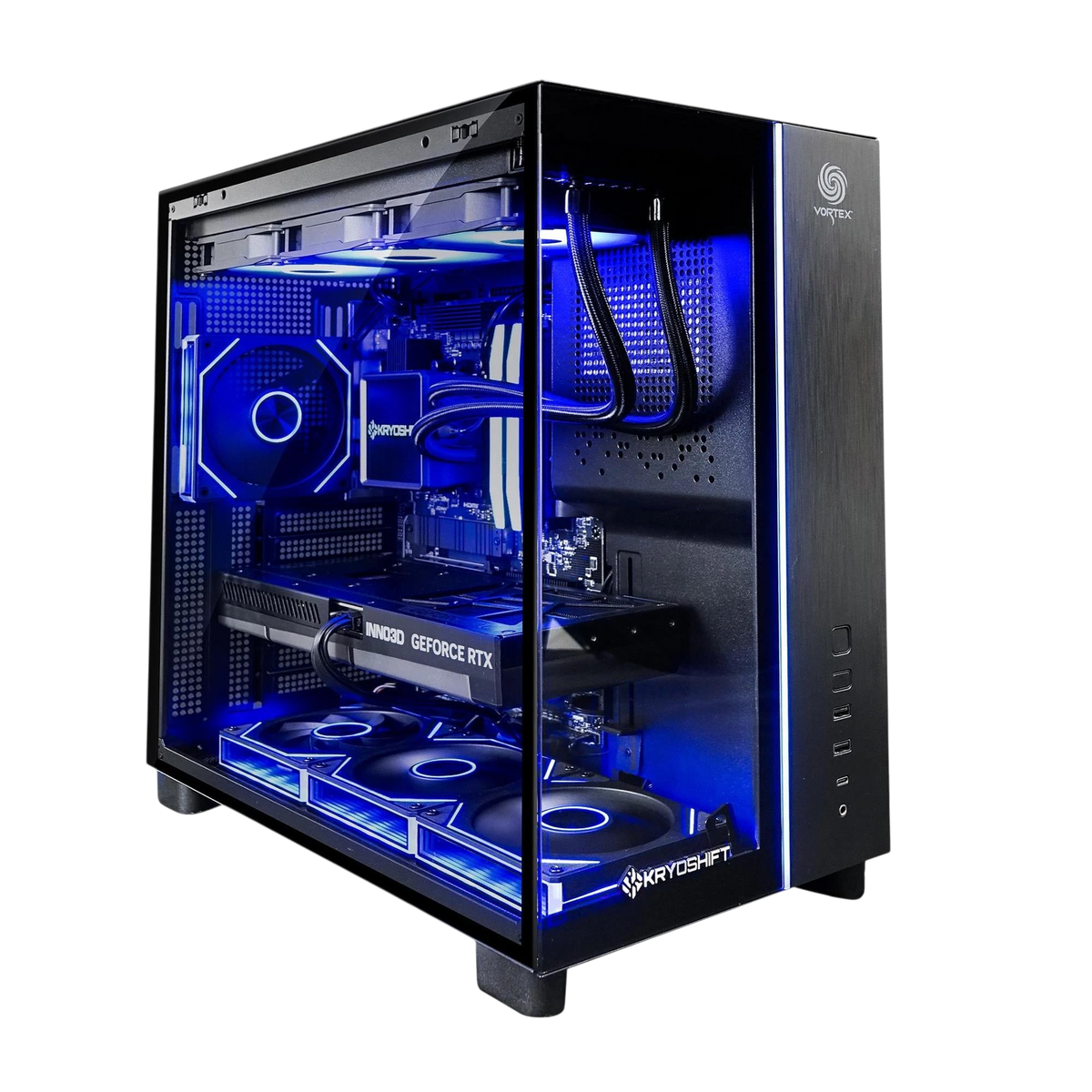 Kryoshift Pulse 5070 gaming PC in a black tempered-glass case with vibrant blue internal LED lighting and liquid cooling