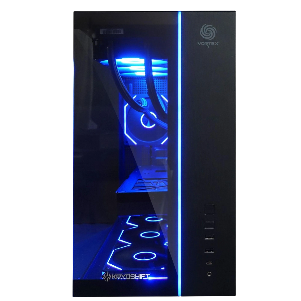 Kryoshift Pulse 5070 gaming PC in a black chassis with tempered glass side panel and vibrant blue internal LED lighting