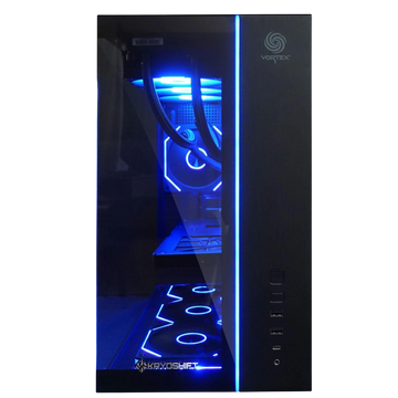 Kryoshift Pulse 5070 gaming PC in a black chassis with tempered glass side panel and vibrant blue internal LED lighting