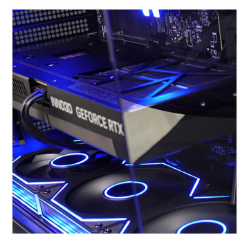 Kryoshift Pulse 5070 gaming PC interior featuring an Inno3D GeForce RTX graphics card and blue LED cooling fans