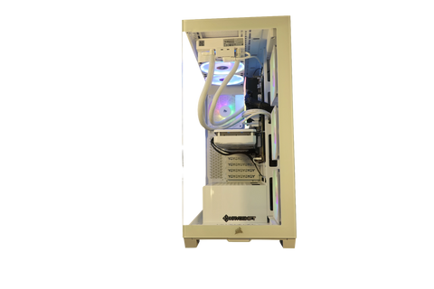 Kryoshift Pulse White 5060 gaming PC with white chassis, tempered glass side panel, and vibrant RGB cooling fans.