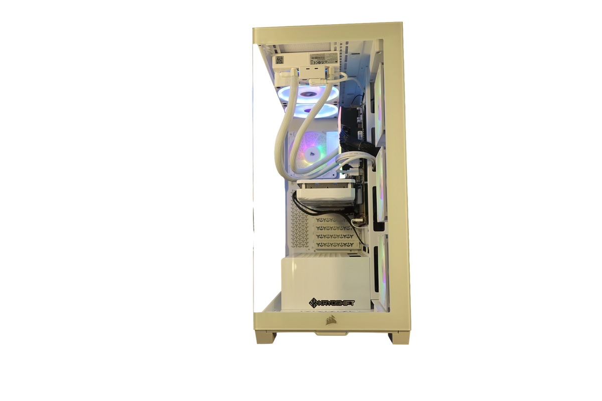 Kryoshift Pulse White 5060 gaming PC with white chassis, tempered glass side panel, and vibrant RGB cooling fans.