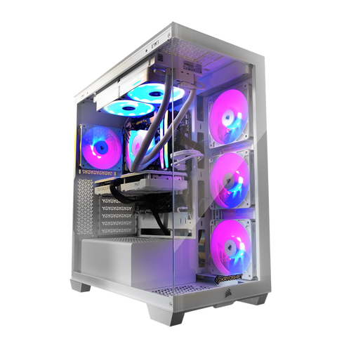 Kryoshift Pulse White 5060 gaming PC with white chassis, tempered glass side panel, and vibrant RGB cooling fans.